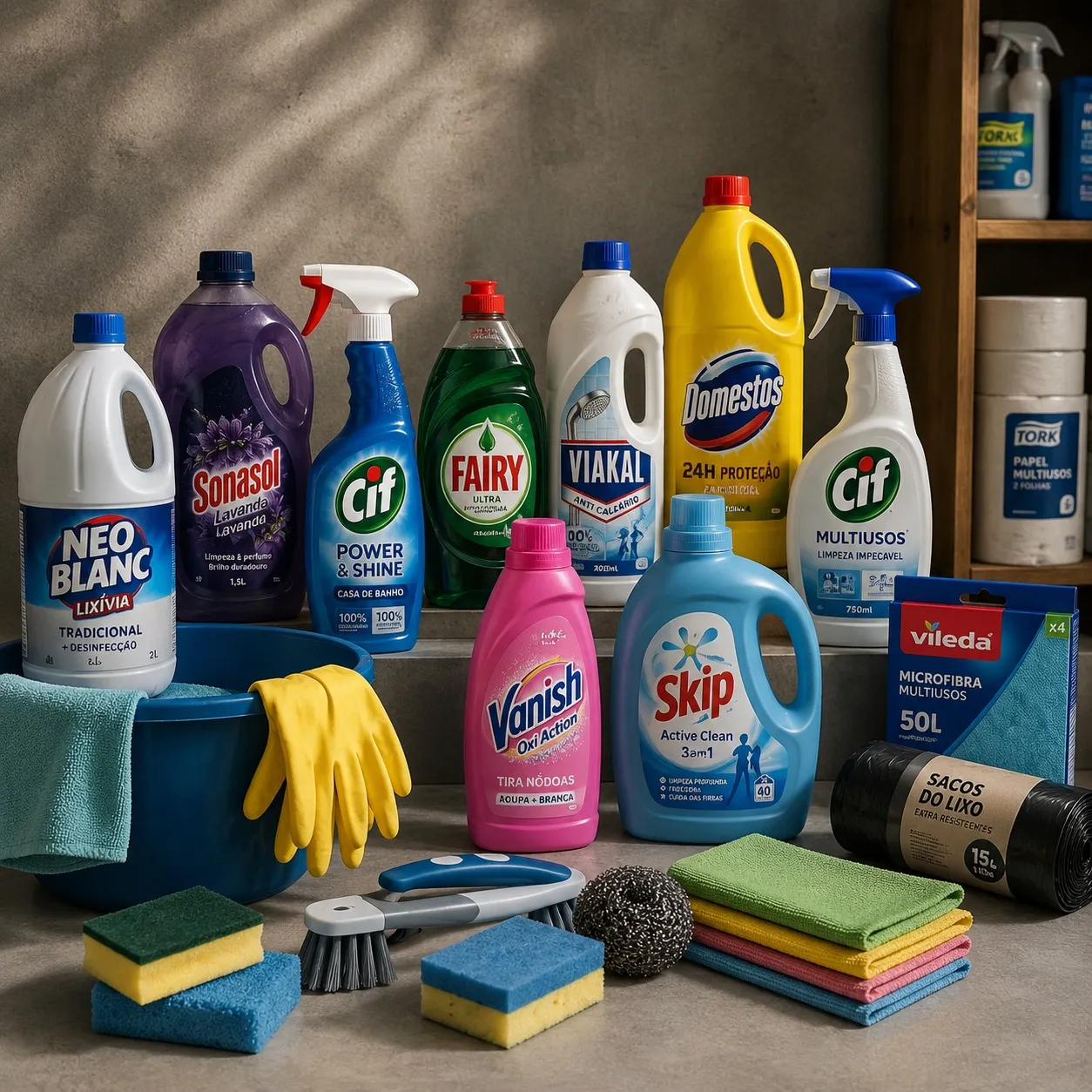 Produtos de limpeza doméstica e industrial, incluindo  detergentes e acessórios
