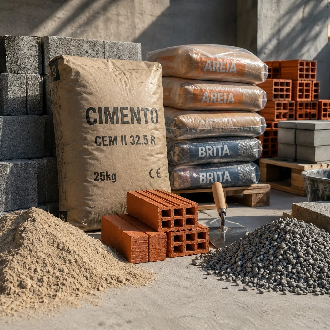 Cimento, areia, brita e tijolo: exemplo de materiais de construção em stock