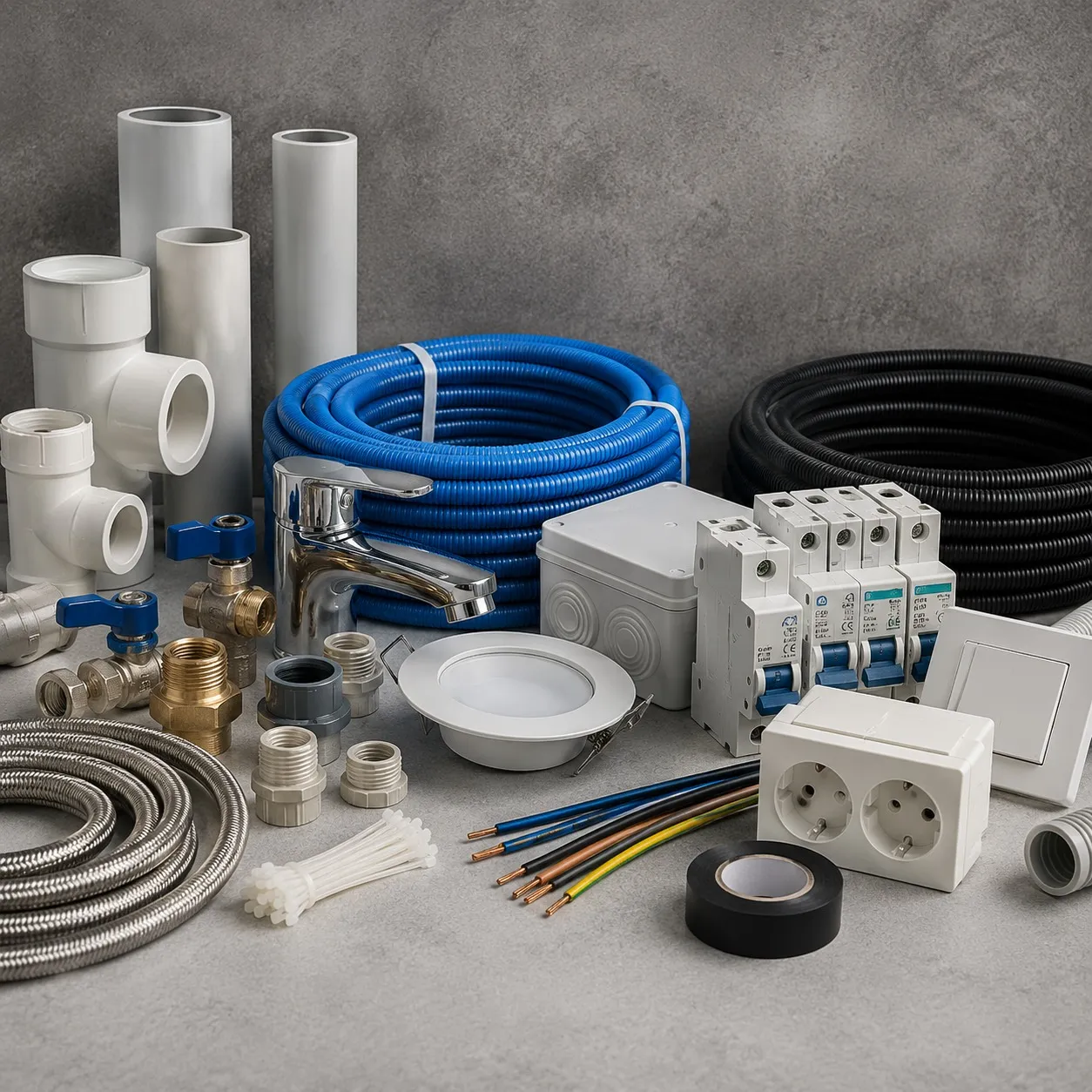 Material de canalização e eletricidade, como  tubos, torneiras e acessórios